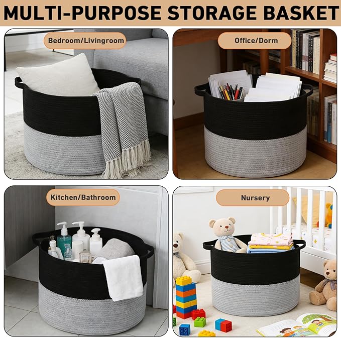 65L Large Blanket Basket, 19.7" L x 19.7" W x 13" H Rope Woven Storage Basket,Laundry Hamper for Toys, Clothes, Pillows,Towel