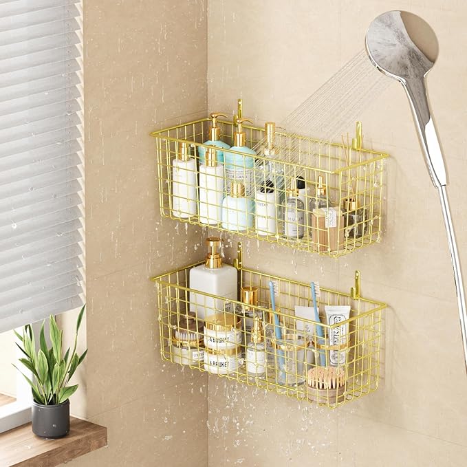 2 Sets Extra Large Hanging Wall Basket, Gold Metal Wire Baskets with Steel Hooks for Organizing, WallmountedFruit Vegetable T