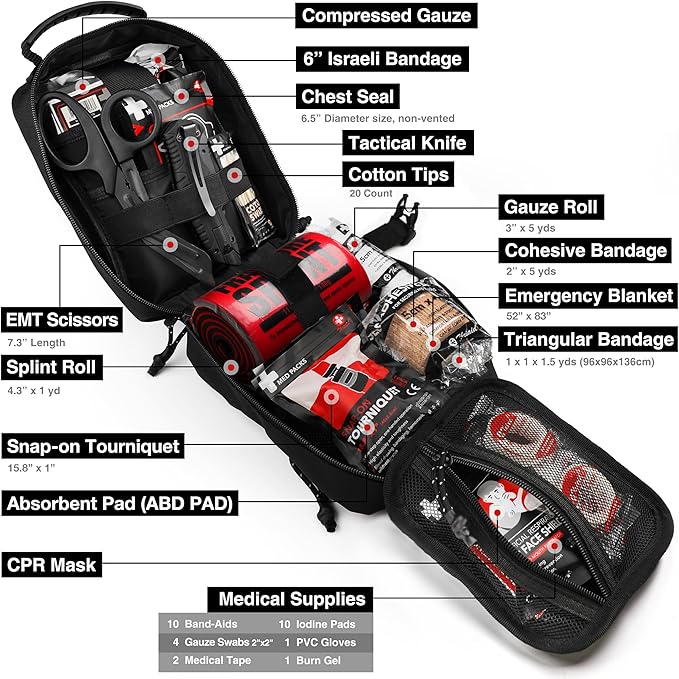 Survival First Aid Kit with Israeli Bandage, Chest Seal, Tourniquet, Splint, Tactical Military Combat Molle IFAK for Wound Ca