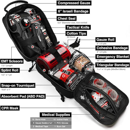 Survival First Aid Kit with Israeli Bandage, Chest Seal, Tourniquet, Splint, Tactical Military Combat Molle IFAK for Wound Ca