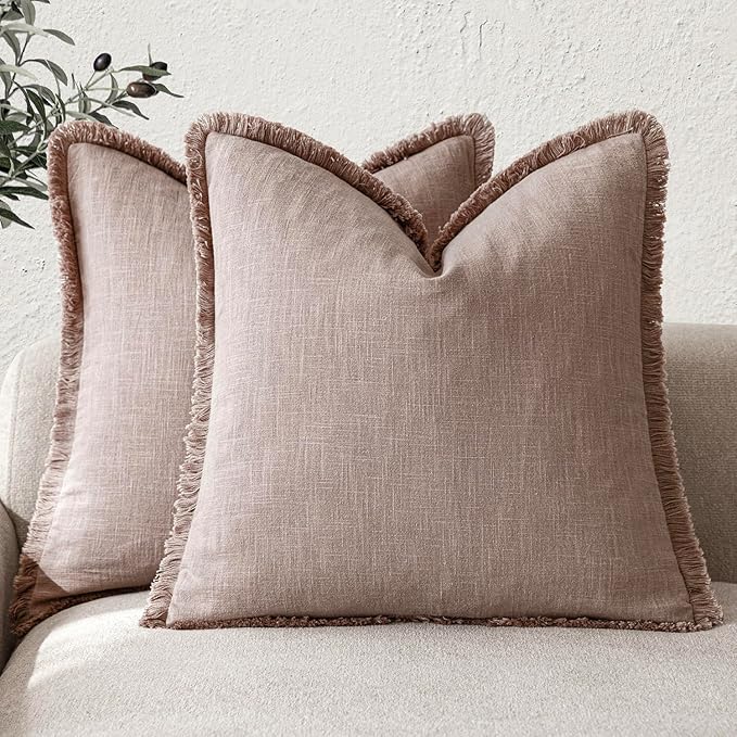 Foindtower Set of 2 Decorative Linen Fringe Throw Pillow Covers Boho Farmhouse Cushion Cover with Tassels Soft Accent Pillowc