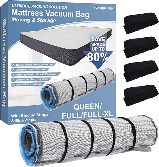 Storage Logic Foam Mattress Vacuum Bag with Blue Zipper, Mattress Storage Bag, Straps Included, Queen/Full/Full-XL