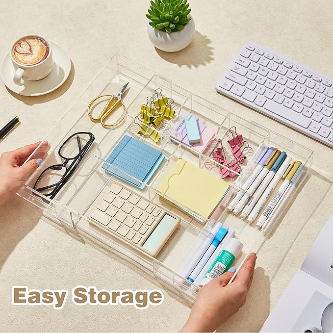 2 Pcs Acrylic Desk Drawer Organizer Maximum 12 x 18 x 2.1 Inch Expandable Drawer Organizer Trays with 8 Adjustable Compartmen