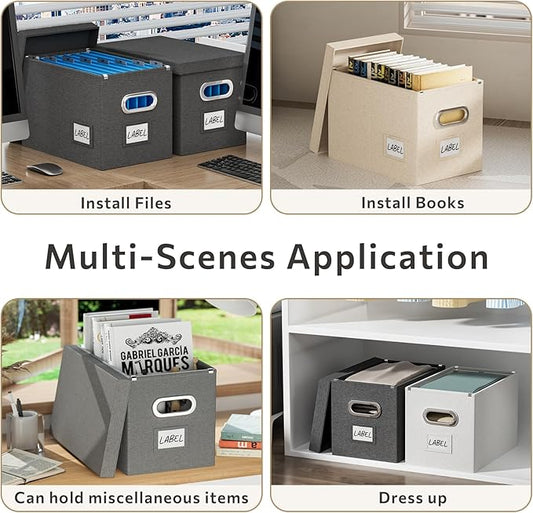 File Organizer Box with Lid - Set of 2 Portable Hanging File Box, Collapsible Linen Decorative Filing Storage Boxes for Offic