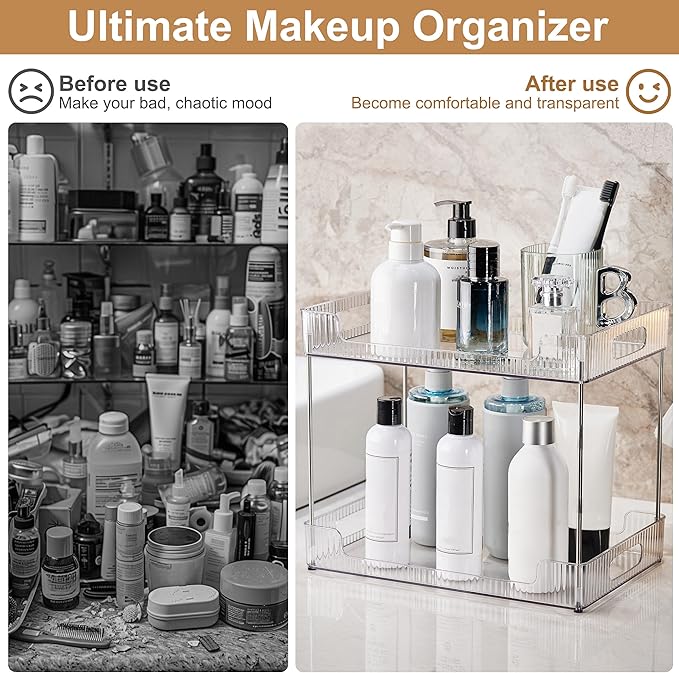 Goderewild 2-Tier Bathroom Counter Organizer, Multi-Purpose Cosmetics Skincare Shelf, Fits A4 Size Makeup Organizer for Offic
