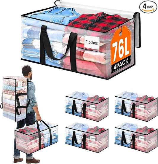 BlissTotes 4-Pack Large Moving Bags with Backpack Straps & Strong Zippers, Heavy-Duty Storage Bags Moving Boxes for Space Sav