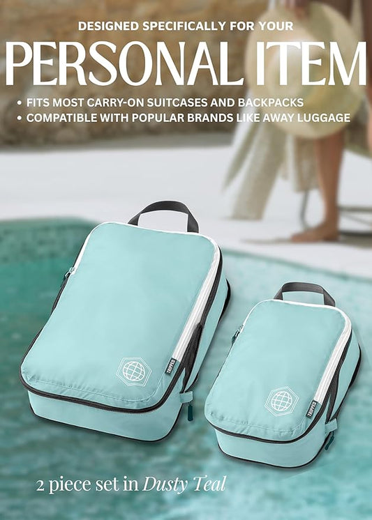 TRIPPED Compression Packing Cubes — 2-Piece Set | 1 Large (14"×10"×4") + 1 Small (10"×7"×4") | Compresses to 2" | Ripstop Nylon | Carry-On & Personal Item | Dusty Teal/White