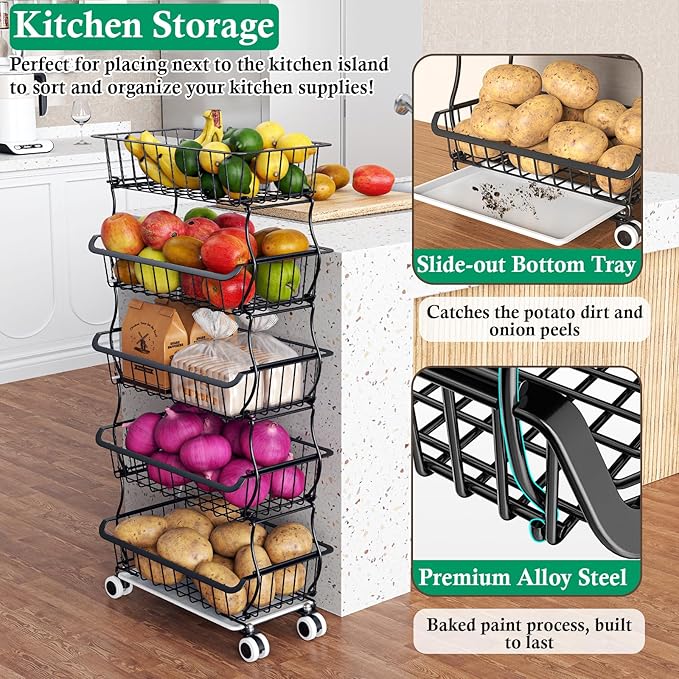OKZEST 5 Tier Fruit Basket for Kitchen, Stackable Bins Wire Rack with Wheels, Fruit and Vegetable Storage Basket Pantry Food 