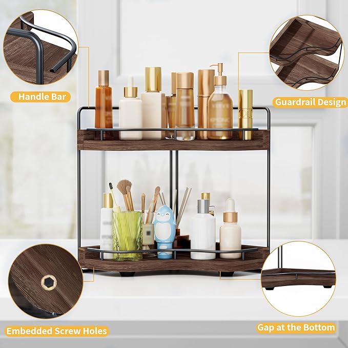 2-Tier Corner Bathroom Counter Organizer with Embedded Screw Holes, Secure & Stable Wood Vanity Shelf for Makeup and Skincare