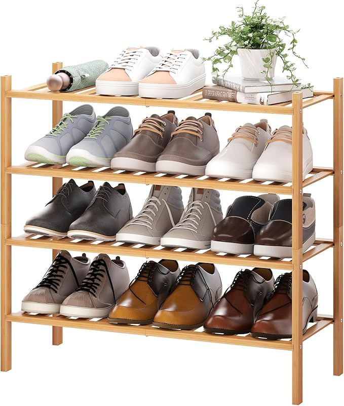 BMOSU 4-Tier Bamboo Shoe Rack Premium Stackable Shoe Shelf Storage Organizer for Hallway Closet Living Room Entryway Organize