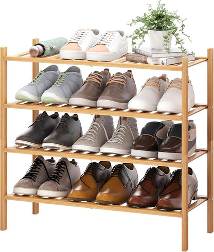 BMOSU 4-Tier Bamboo Shoe Rack Premium Stackable Shoe Shelf Storage Organizer for Hallway Closet Living Room Entryway Organize
