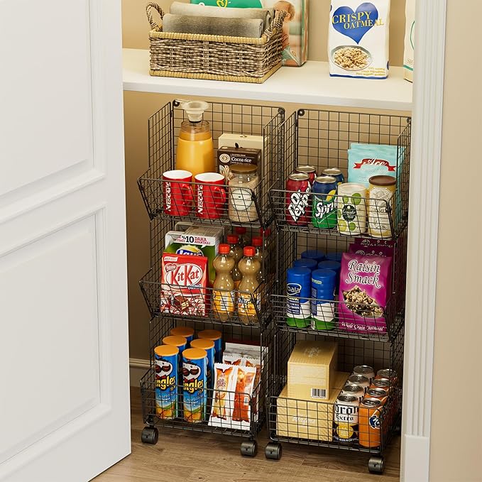 Sonyabecca Outdoor Toy Storage Basket, Play Kitchen Organizer with 5 S-Hooks,3 Tier Rolling Storage Cart Garage, Pantry Floor