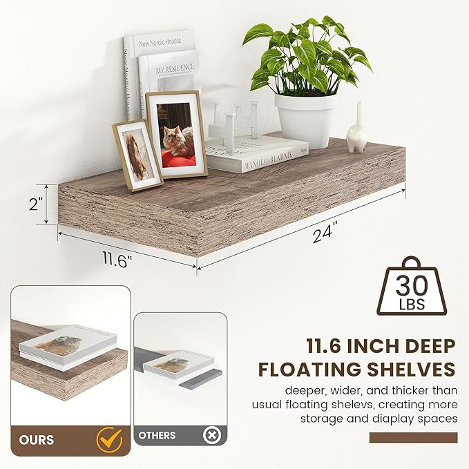 12 Inch Deep Floating Shelves | 24 Inch Grey Floating Shelves | 24''W x 12''D Rustic Grey Wood Shelves for Wall | Deep Wood S