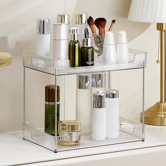 Goderewild 2-Tier Bathroom Counter Organizer, Multi-Purpose Cosmetics Skincare Shelf, Fits A4 Size Makeup Organizer for Offic