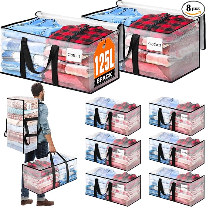 BlissTotes 8-Pack Large Moving Bags with Backpack Straps & Strong Zippers, Heavy-Duty Storage Bags Moving Boxes for Space Sav