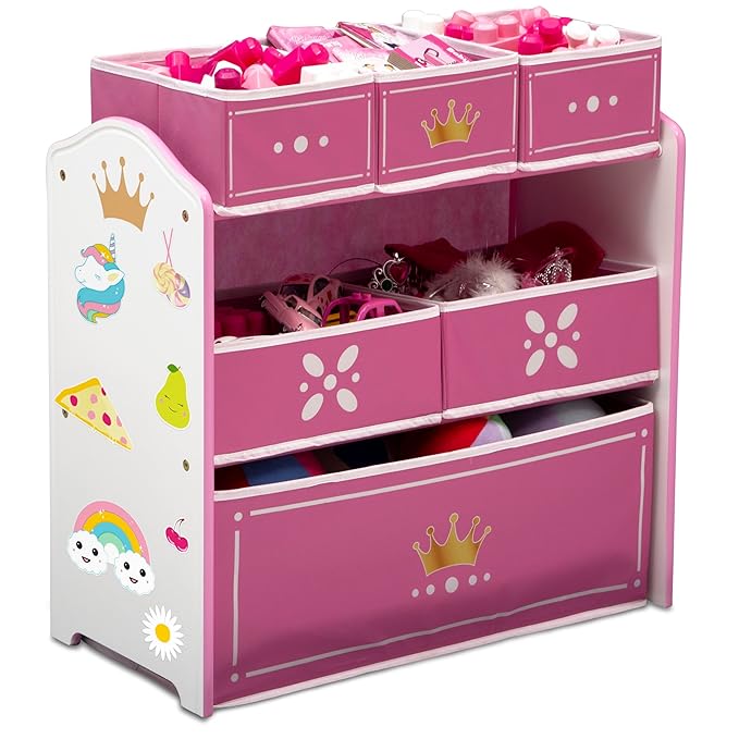 Delta Children Princess Crown Design & Store 6 Bin Toy Storage Organizer - Greenguard Gold Certified, White/Pink