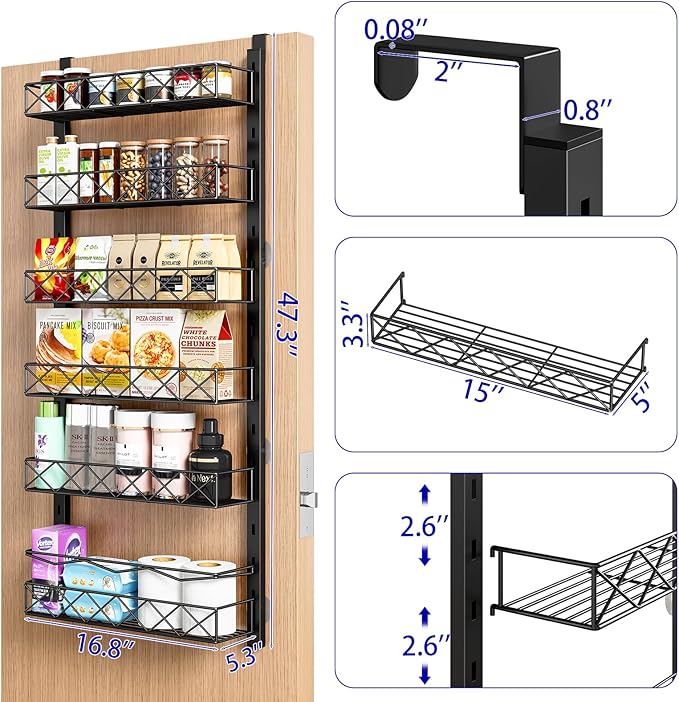 MIAOLI Over the Door Organizer, Black 6-Tier Pantry Door Organizer with Adjustable Basket, Hanging Spice Rack Cabinet Door Sh