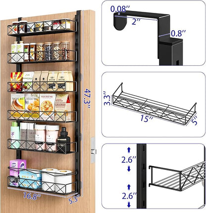 MIAOLI Over the Door Organizer, Black 6-Tier Pantry Door Organizer with Adjustable Basket, Hanging Spice Rack Cabinet Door Sh