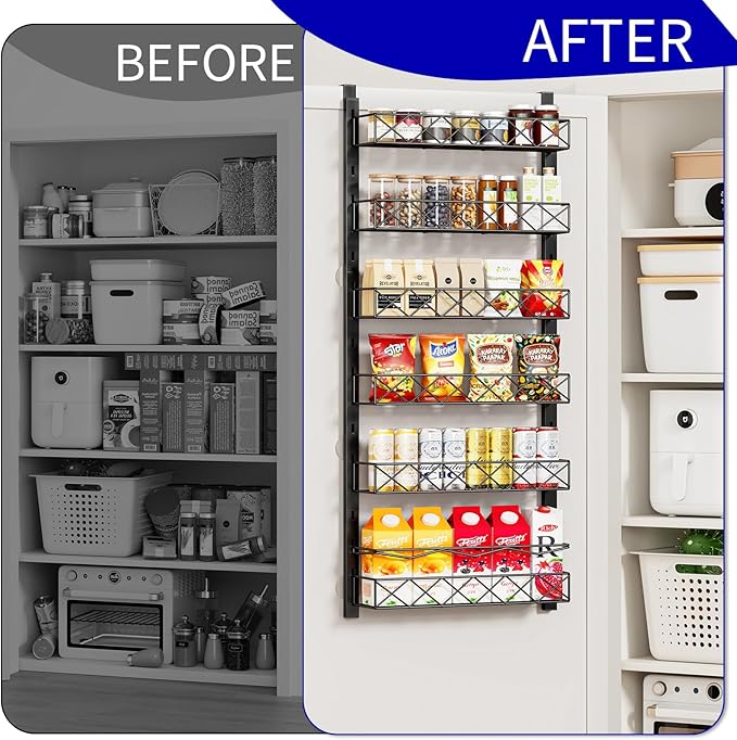 MIAOLI Over the Door Organizer, Black 6-Tier Pantry Door Organizer with Adjustable Basket, Hanging Spice Rack Cabinet Door Sh