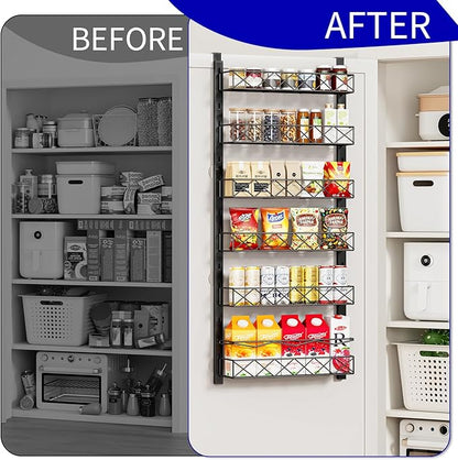 MIAOLI Over the Door Organizer, Black 6-Tier Pantry Door Organizer with Adjustable Basket, Hanging Spice Rack Cabinet Door Sh