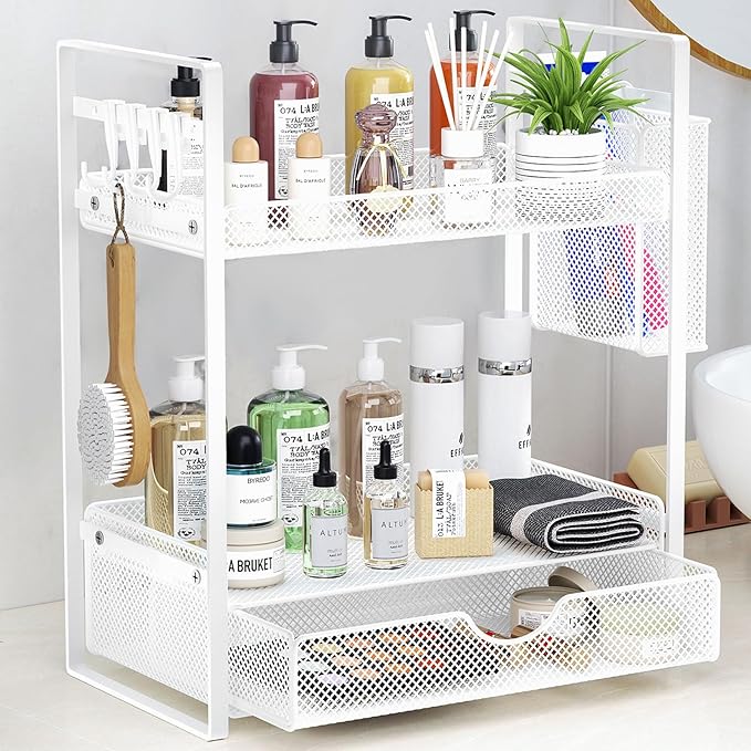 VITVITI 2 Tier Bathroom Organizer Countertop with Drawer, Metal Mesh Bathroom Counter Vanity Organizer Storage, Bath Room She