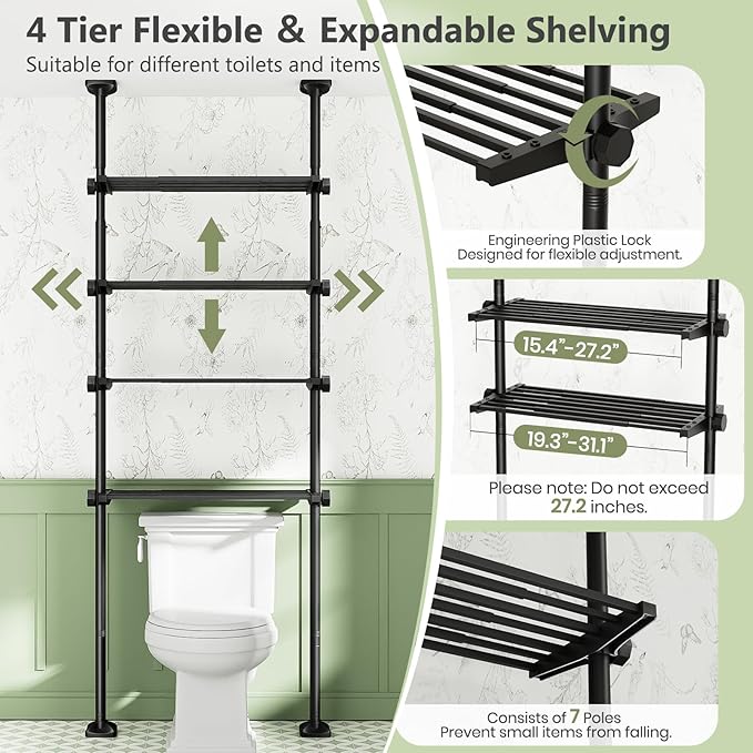 Bonpally Over The Toilet Storage Shelf, 4-Tier Adjustable Bathroom Organizer, No Drill Tension Mounted Shelves, Space-Saving 