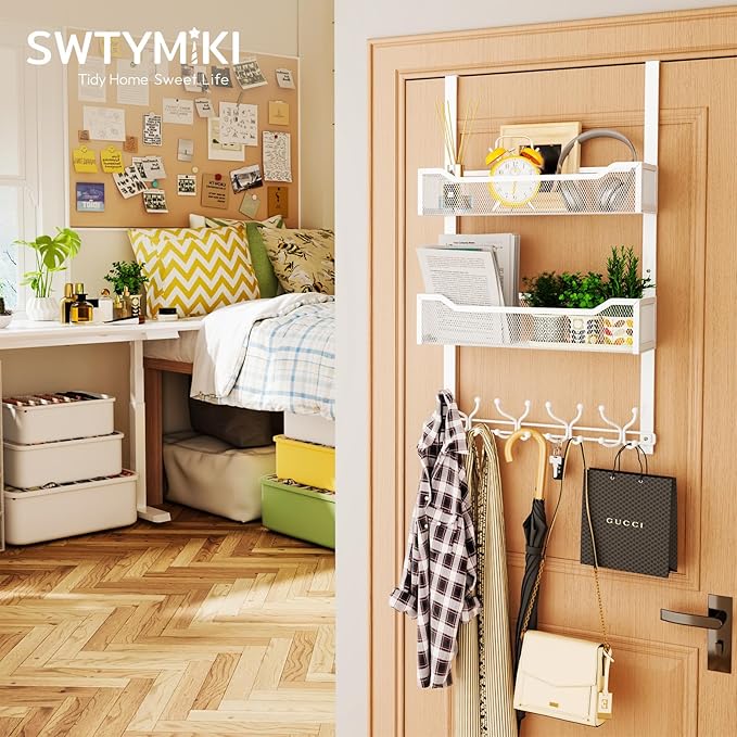 SWTYMIKI Over The Door Hook with 16 Hooks & 2 Mesh Baskets - Heavy Duty Over The Door Organizer Hanger for Towels, Coats, Clo