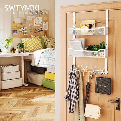 SWTYMIKI Over The Door Hook with 16 Hooks & 2 Mesh Baskets - Heavy Duty Over The Door Organizer Hanger for Towels, Coats, Clo