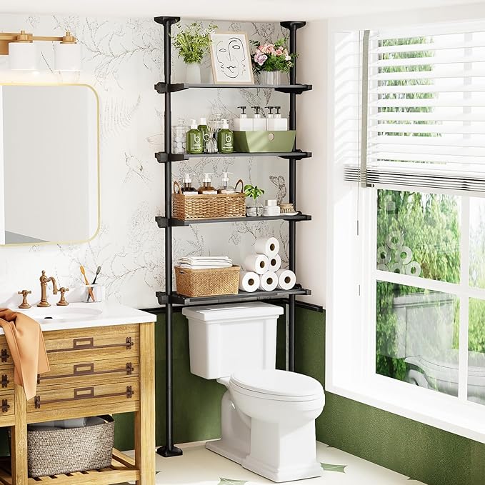 Bonpally Over The Toilet Storage Shelf, 4-Tier Adjustable Bathroom Organizer, No Drill Tension Mounted Shelves, Space-Saving 