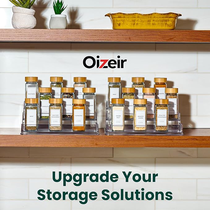Oizeir Clear Spice Rack (2-Pack) – 3-Tier Acrylic Organizer for Cabinet – Deep Spice Shelf – 10.4 x 9.6 x 4 Inches – Holds Se