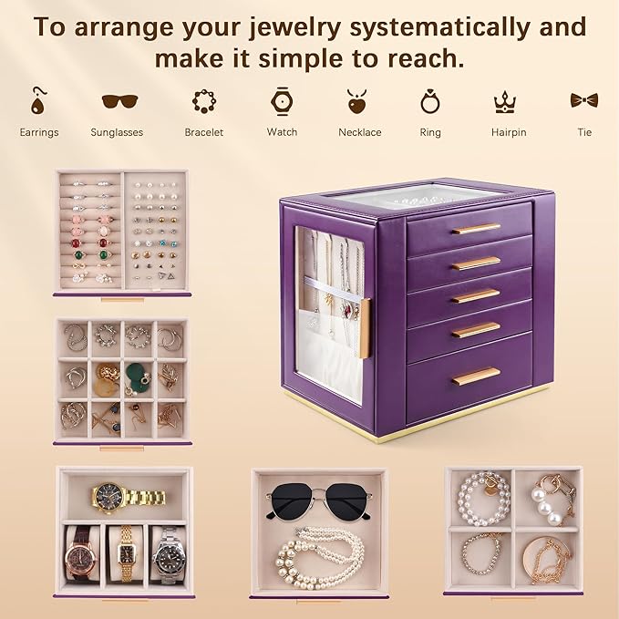 Homeanda Jewelry Box for Women with Glass Lid, 5 Drawers Jewelry Organizer and Storage for Necklaces, Rings, Earrings, Bracel