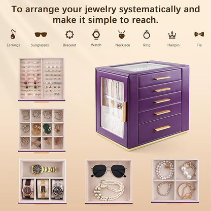 Homeanda Jewelry Box for Women with Glass Lid, 5 Drawers Jewelry Organizer and Storage for Necklaces, Rings, Earrings, Bracel