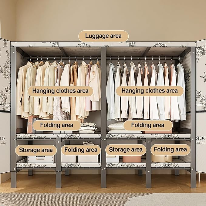 Portable Foldable Wardrobe Closet with Cover, Metal Garment Rack for Clothes Storage, Space-Saving Organizer for Bedroom, 151