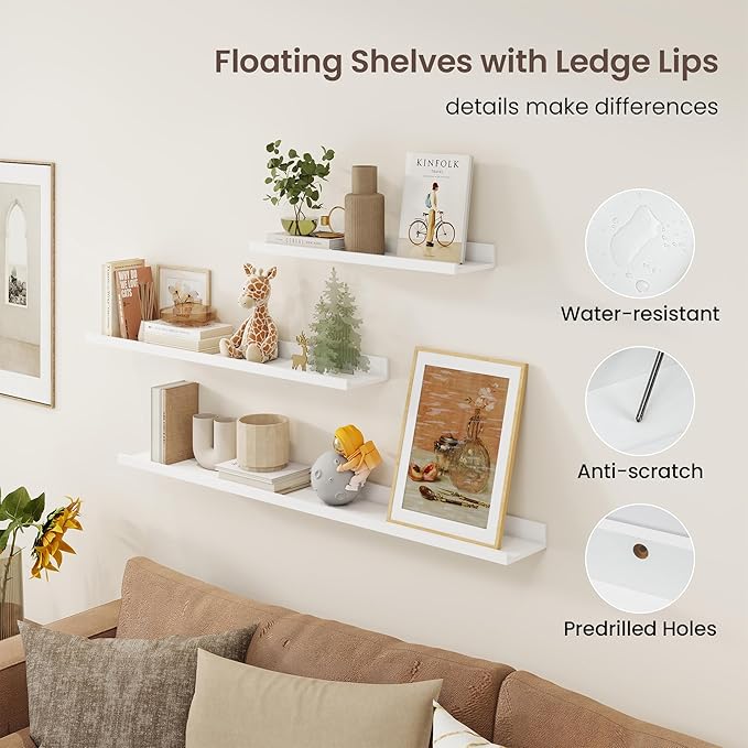 Axeman 36 Inch Floating Shelves | White Picture Ledge Shelf Set of 3 | Rustic Wood Wall Shelves with Lip | 36" White Picture 