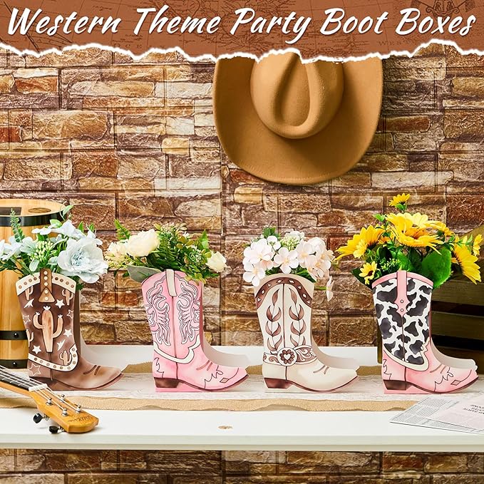 12 Set Western Boots Flower Boxes Centerpiece Boot Shape Gift Boxes Party Decoration Vase Centerpieces for Tables Boots Rodeo Birthday Baby Shower Supplies(Western Pink,Cowgirl Cow)