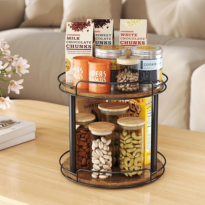 LAMU 12.2'' Wood Lazy Susan Turntable Organizer for Cabinet, 2 Tier Lazy Susan Spice Rack Organizer for Kitchen, Table Top, C