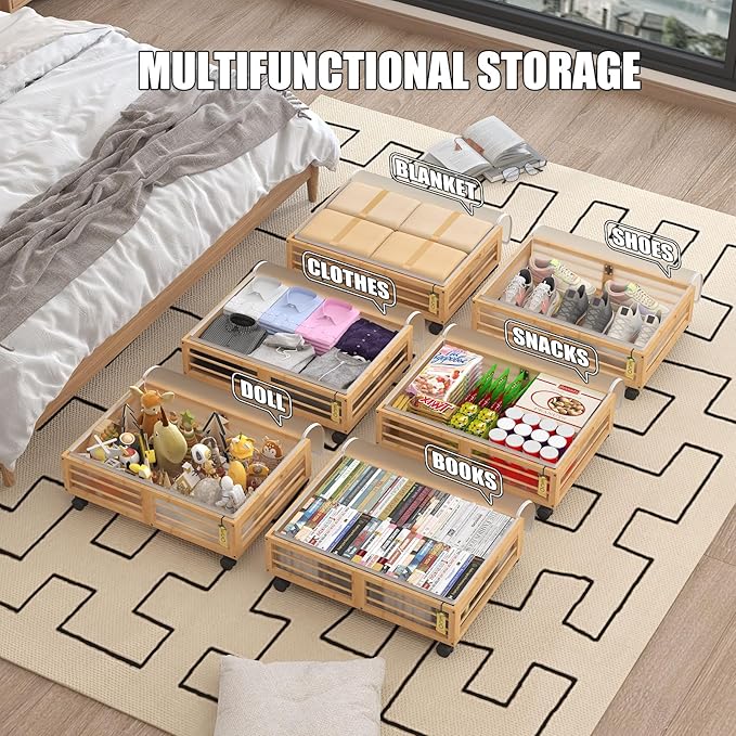 Bamboo Underbed Storage Containers with Wheels & Bag, Large Under Bed Rolling Storage Bins Wood Under Bed Clothes Storage Sta