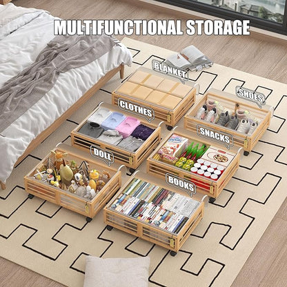 Bamboo Underbed Storage Containers with Wheels & Bag, Large Under Bed Rolling Storage Bins Wood Under Bed Clothes Storage Sta
