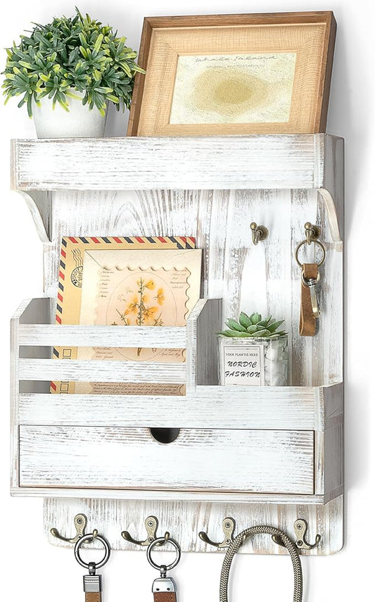 Rebee Vision Farmhouse Key Holder Wall Mount with Drawer Organizer – Pine Wooden Mail and Key Organizer for Wall with 6 Rusti