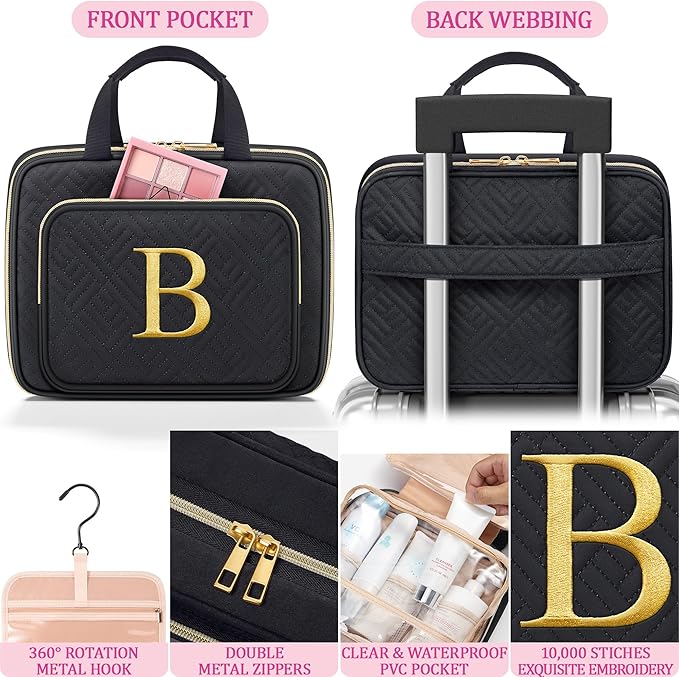 Gifts for Women, Initial Toiletry Makeup Bag Hanging Cosmetic Organizer with Embroidery Letter Personalized Nurse Teacher App