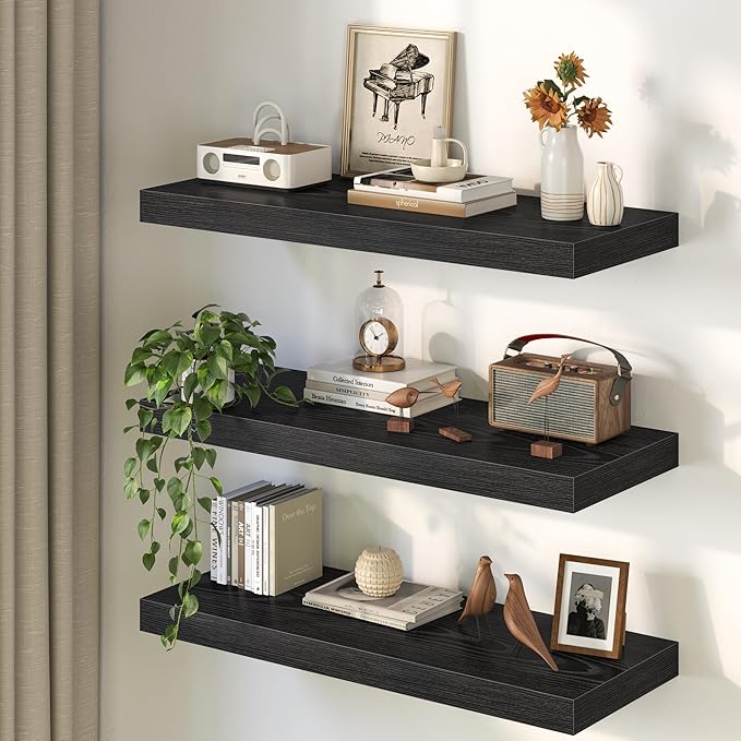 40Inch Black Floating Shelves for Wall, 12 Inch Deep Shelves for Bedroom, Kitchen, Bathroom Wall Mounted, Rustic Wood Floatin