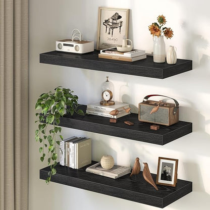 40Inch Black Floating Shelves for Wall, 12 Inch Deep Shelves for Bedroom, Kitchen, Bathroom Wall Mounted, Rustic Wood Floatin