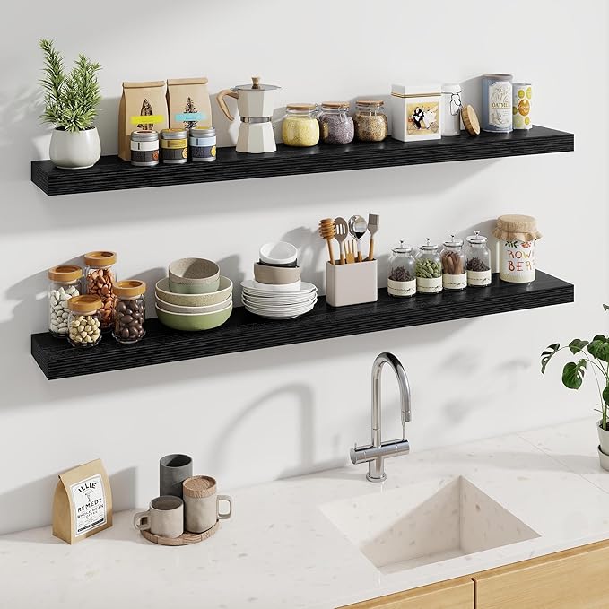 Fun Memories 60 Inch Fireplace Mantel - Long Floating Shelf, Wall Mounted Farmhouse Display with Invisible Heavy Duty Metal B
