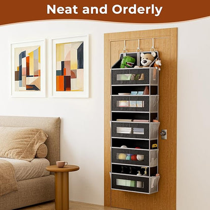 5 Tier Over The Door Organizer - Large Capacity Behind Door Hanging Shelves with 10 Mesh Pockets and Clear Windows, Closet Or