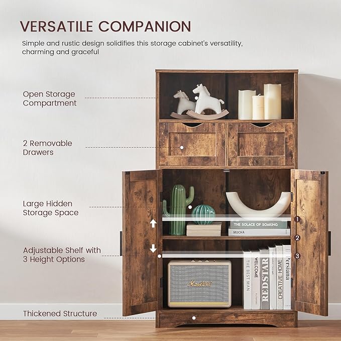 Iwell Storage Cabinet with 2 Drawers & Adjustable Shelves, Cupboard, Floor Cabinet for Living Room, Home Office, Rustic Brown