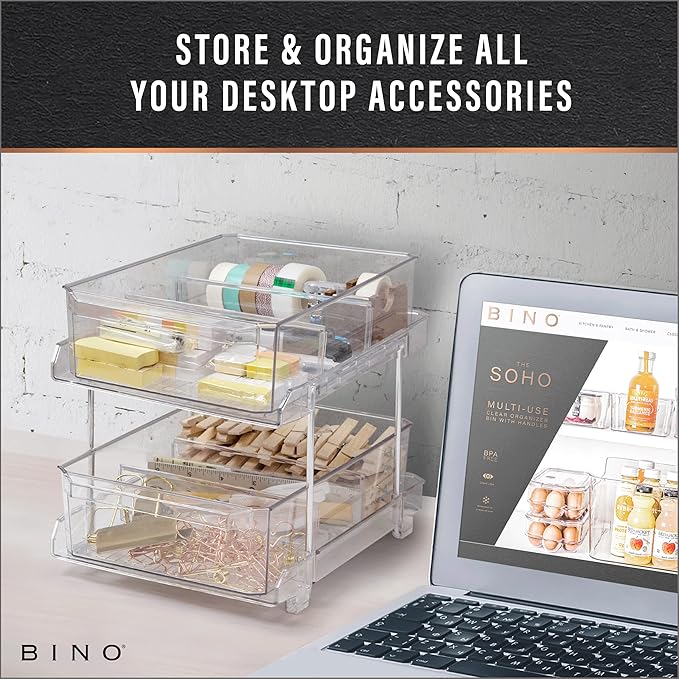 BINO 2 Tier Clear Storage Organizer with Dividers | Slide Out Drawer for Under Sink or Medicine Cabinet | Bathroom Closet, Va