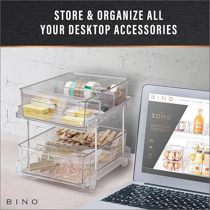BINO 2 Tier Clear Storage Organizer with Dividers | Slide Out Drawer for Under Sink or Medicine Cabinet | Bathroom Closet, Va