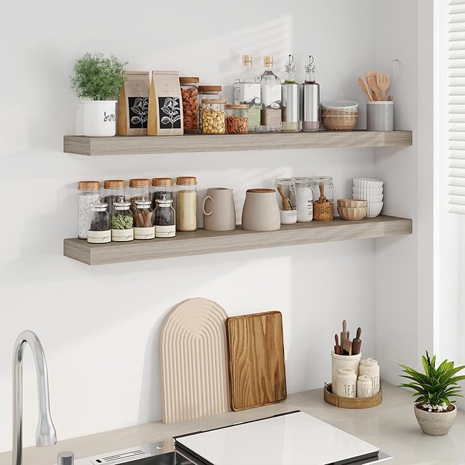 Fun Memories Floating Shelves for Wall, 48Inch Long Floating Shelves Set of 2, Hanging Shelf with Invisible Brackets, Wood Sh