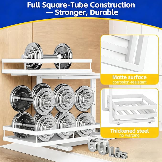 Under Sink Organizer, Dual-Rail Ball-Bearing, Under Kitchen Sink Organizer, 6-Level Adjustable, Under Cabinet Organizer, No-D