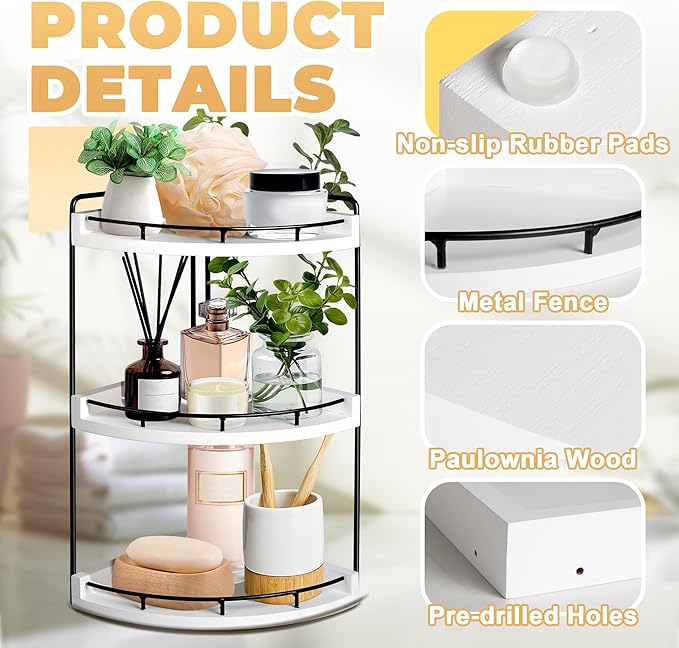 3 Tier Bathroom Counter Organizer, Bathroom Counter Tray and Vanity Organizer, Wood Corner Countertop for Kitchen, Dresser (W